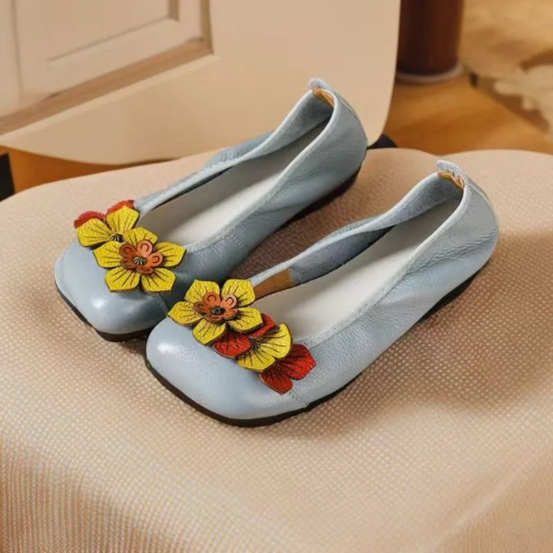 

2025 Women's Round Toe Cowhide Shoes Office Loafers, Flat Bottomed, Comfortable, Slip on, Breathable Casual Shoes