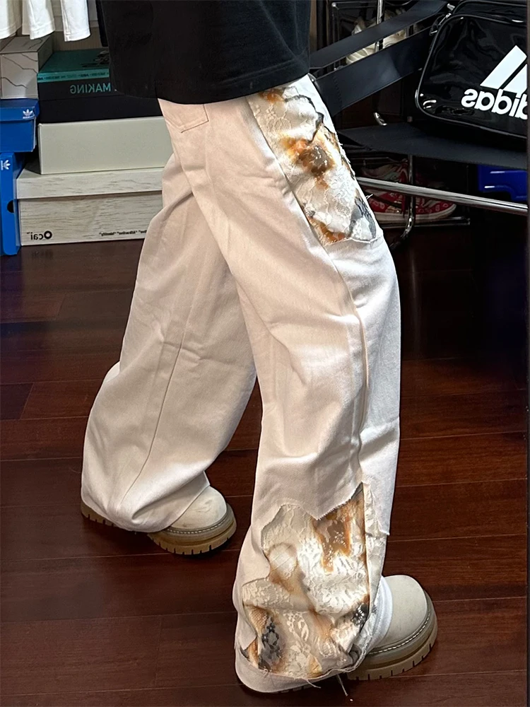 

Trendy American High Street Design Men's Lace Patchwork Flared Jeans Summer Straight Leg Pants Cleanfit Loose Fit Jeans