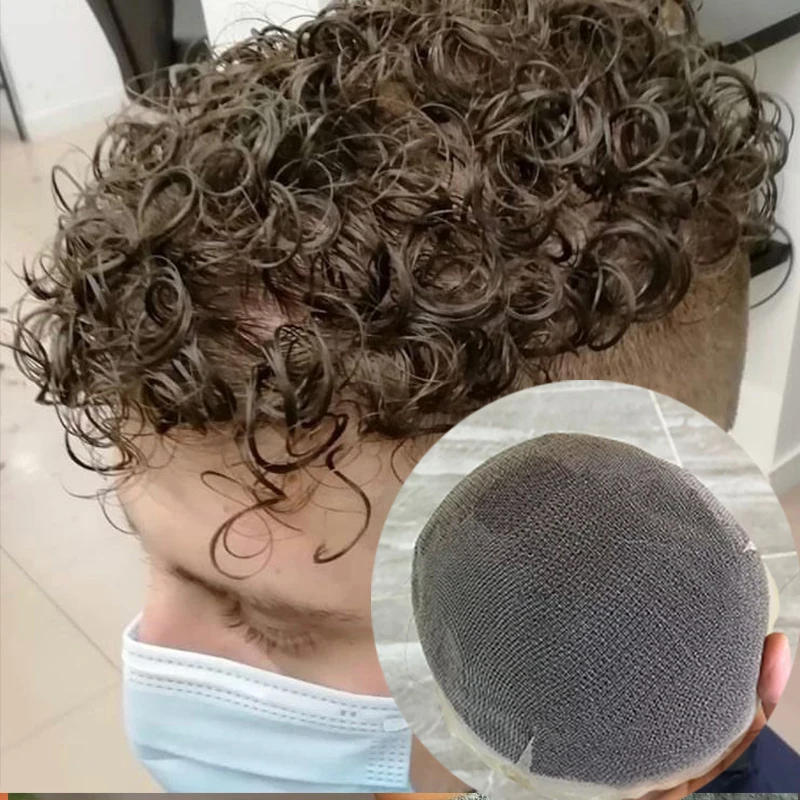 24mm Curly #1 Jack Black Natural Hairline Full Swiss Lace Men Toupee Human Hair Bleach Knots 1B80 1B65Male Capillary Prothesi