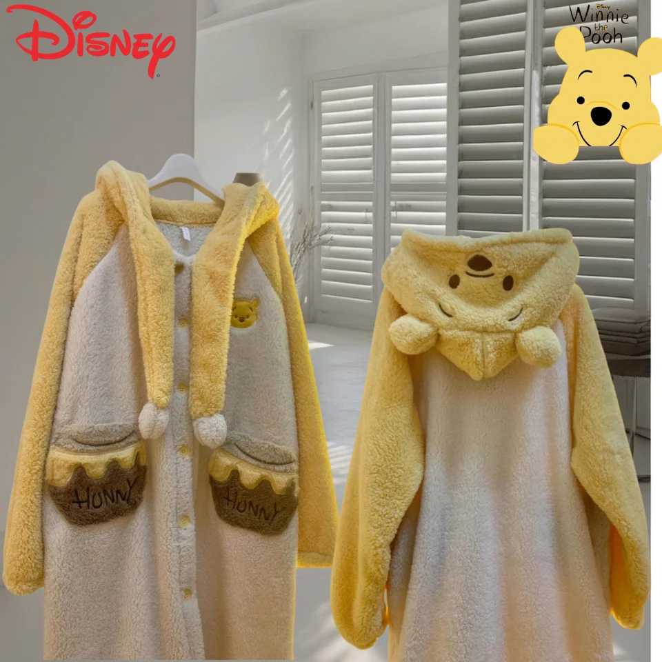 Creativo Disney Winnie the Pooh lindo patrón creativo de dibujos animados invierno nuevo grueso cálido Coral polar Midi abrigo con capucha