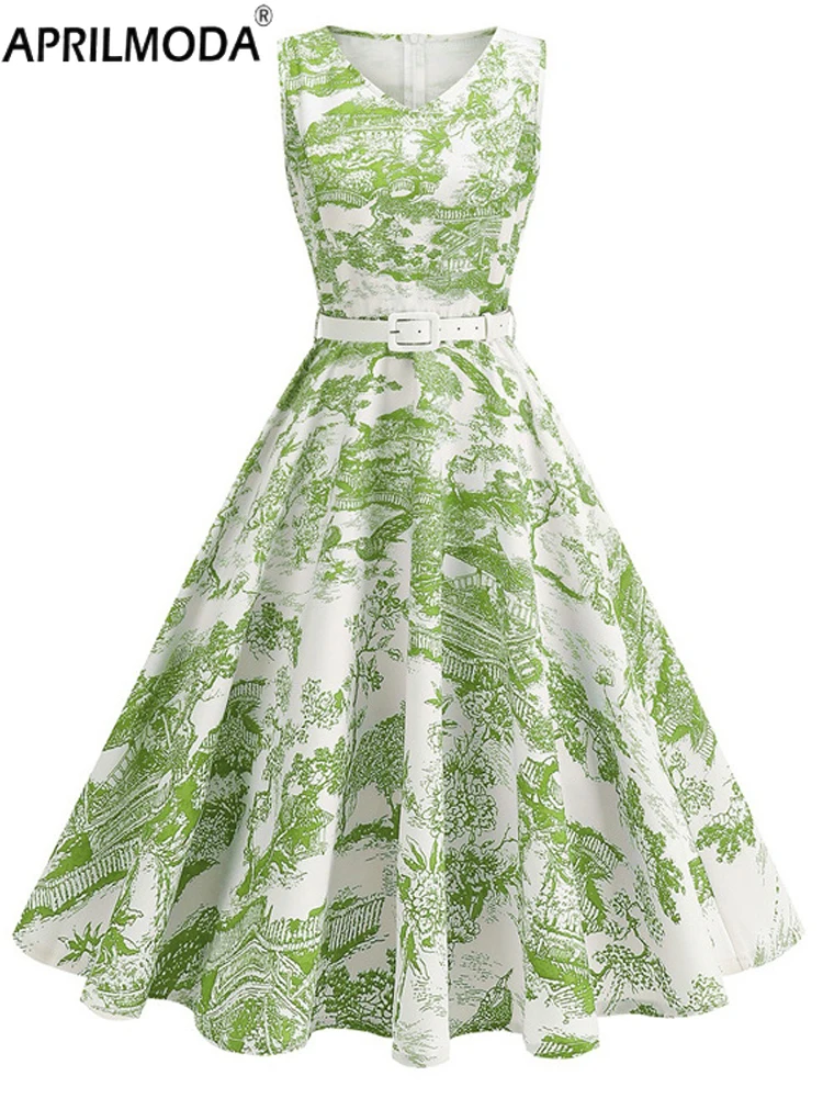

2025 Sleeveless Vintage Midi Long Swing Dress Floral Print Evening Gowns Elegant 1950s Style High Waist Birthday Dress for Women
