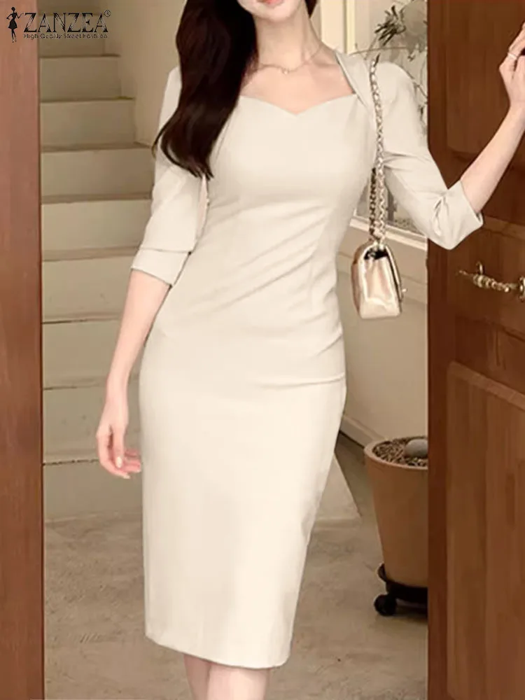 ZANZEA Women Korean Fashion Party Vestidos Sexy Square Neck Elegant 3/4 Sleeve Midi Dress Office Lady Package Hip Bodycon Dress