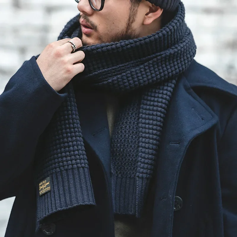 Maden Men's Retro Warm Waffle Knitted Winter Scarf 16.5% Wool Shawl Wrap Cashmere Solid Color Long Scarves for Autumn and Winter