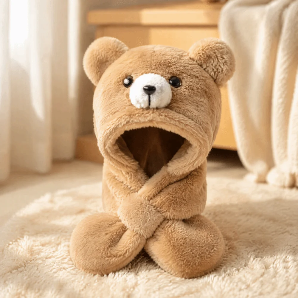 New Thickening Kids Integrated Scarf Hat Windproof Fluffy Plush Warmth Winter Beanie Hat Cartoon Soft Bear Earmuffs Hat Baby