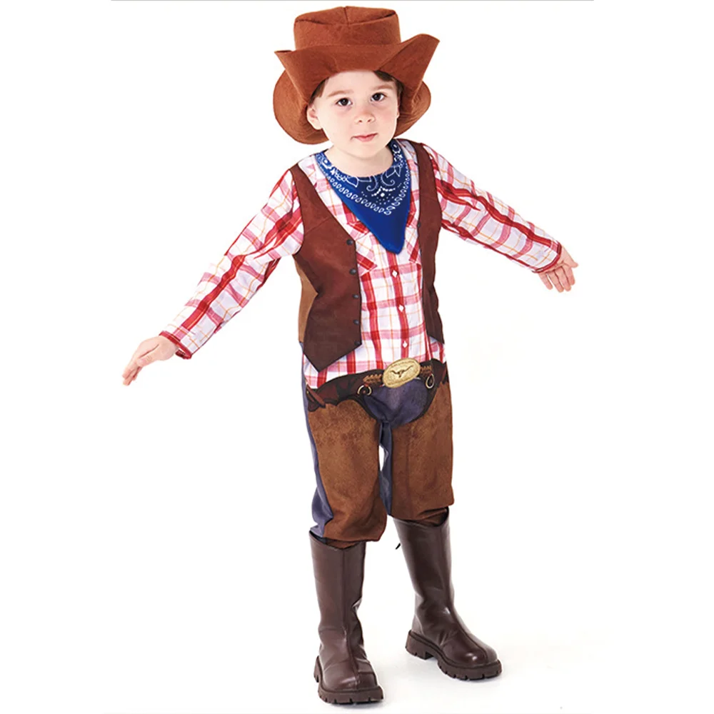 Traje cosplay de cowboy ocidental para crianças, estampe de colete, macacão e chapéu para crianças, uniforme de Halloween para meninos