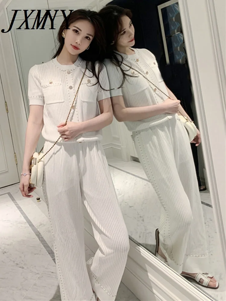 

JXMYY-Women's Short Sleeve Knitted Top and Trousers Suit, Gold Buckle, Elegant Temperament, Spring and Summer Fashion, New, 2024