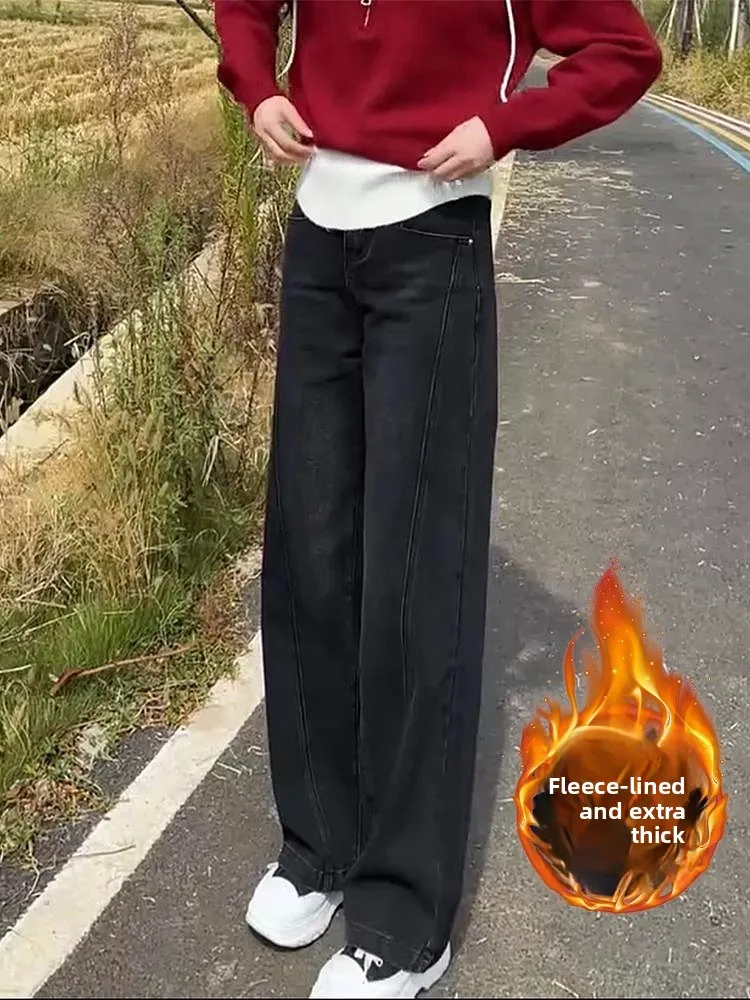 

Женские джинсы больших размеров с флисовой подкладкой, прямые, широкие, в пол, осенне-зимняя новинка