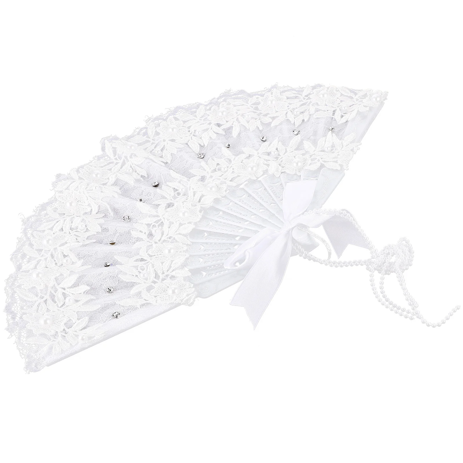 Lace Hand Fan Stage Show Delicate Women Party Rhinestones Decorative Pearl Design Bridal Flower