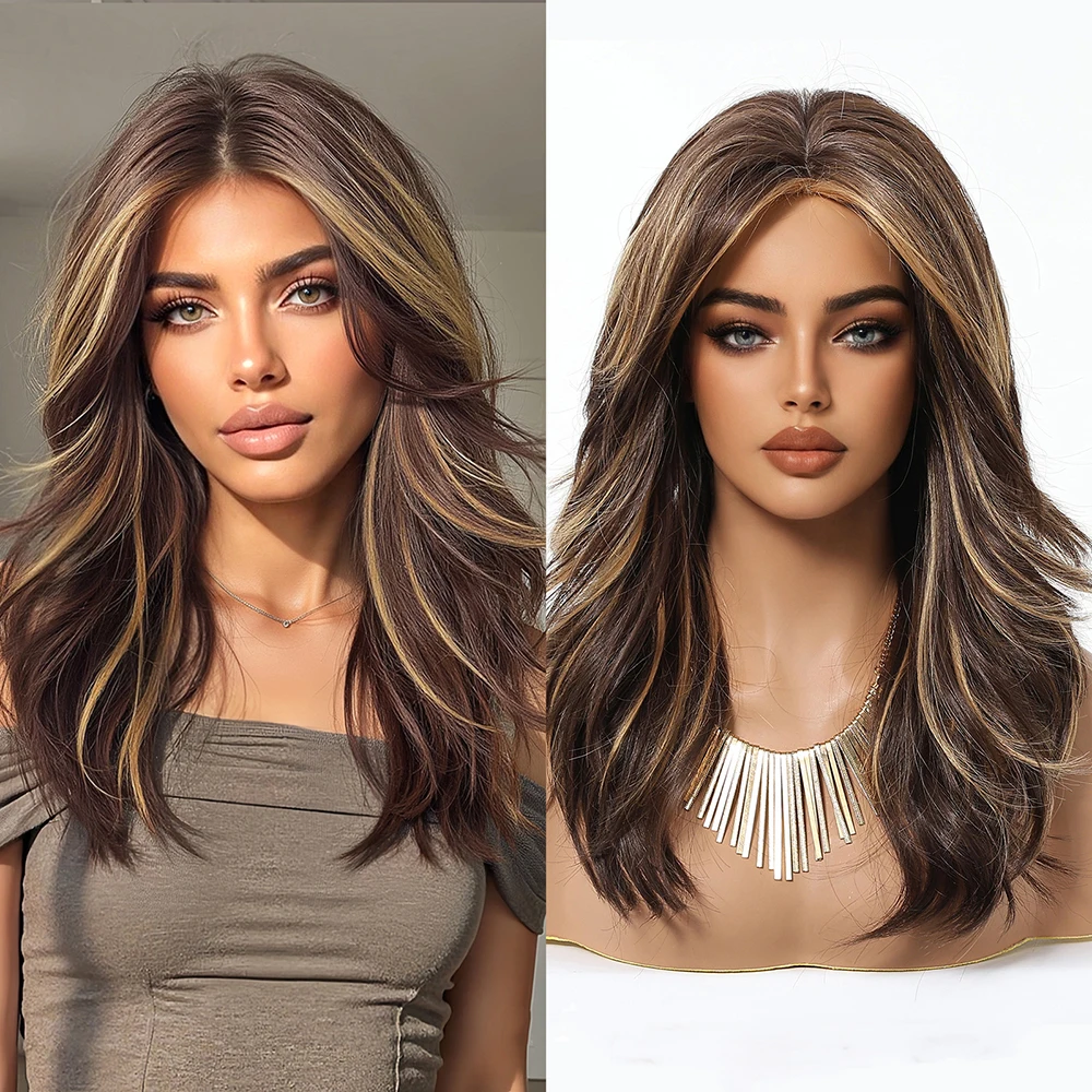 Medium-Long Wavy Highlight Ombre Wig High Temp Matte Synthetic Fiber Natural Brown/Ash Blonde/Grey Silky Texture Adjustable