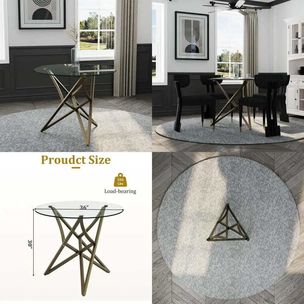 Modern Tempered Glass Top Dining Table for 2-4, 36 Inch Round Small Circle Room Table with Clear Glass