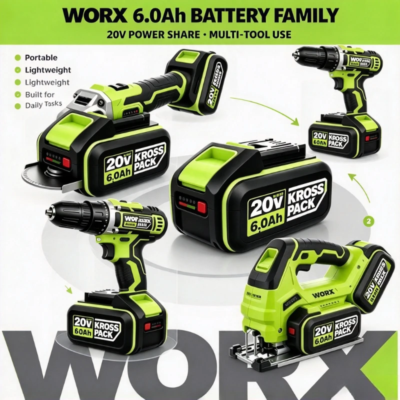 New WORX WA3016 20V 6Ah High‑Capacity Li‑ion Battery Fits WORX 20V Drill Saw for Household Maintenance and Backyard Projects
