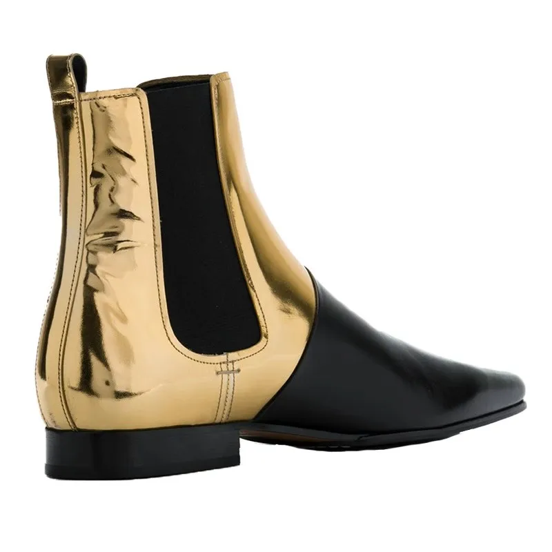 

Mixed Color Splicing Genuine Leather Chelsea Boots for Men Sexy Pointed Toe Low Heel Ankle Boots Male Wedding Dress Shoes