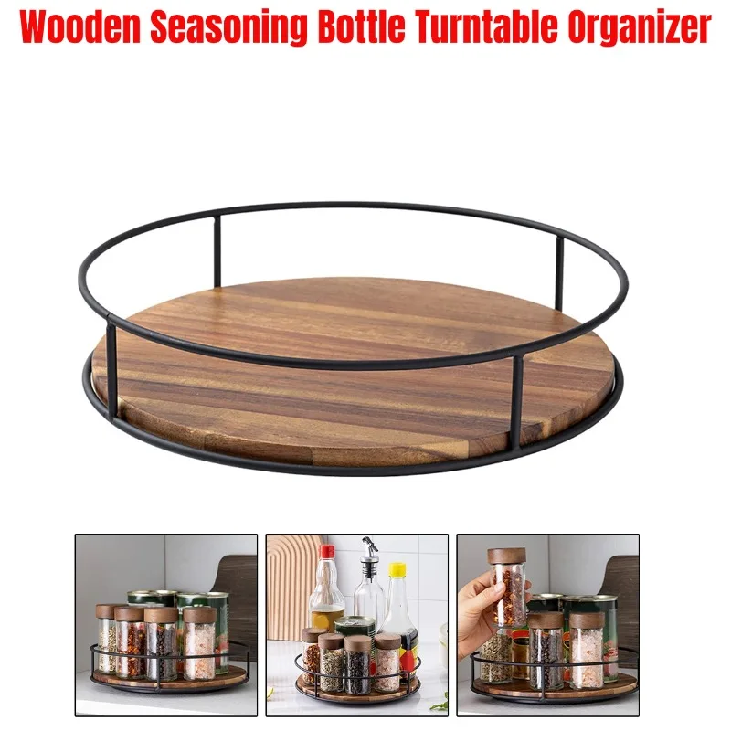 Wooden Seasoning Spice Bottle Turntable Organizer Round Table Countertop Storage Shelf Makeup Organizer Wooden Kitchen Organiser