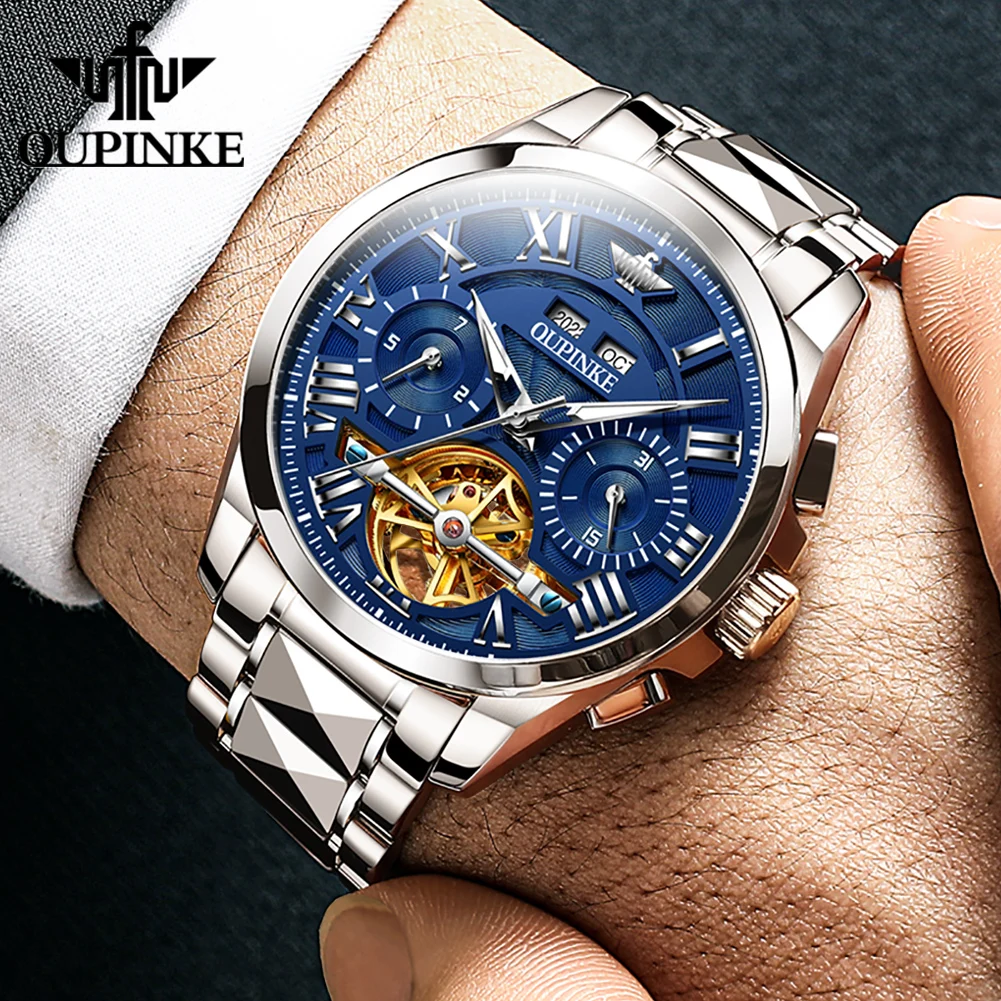 OUPINKE 3236 Automatic Mechanical Men's Watch Multifunctional Roman Dial Skeleton Auto Date Man Wristwatch