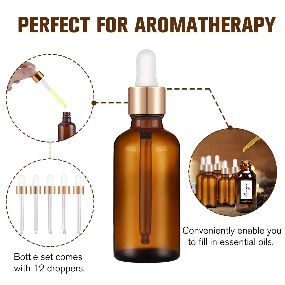 12pcs+4 Accessories Glass Dropper Bottles, 50ml Empty Tincture Dropper Bottles with 12 Dropper Bottles, 2 Funnels, 2 Droppers
