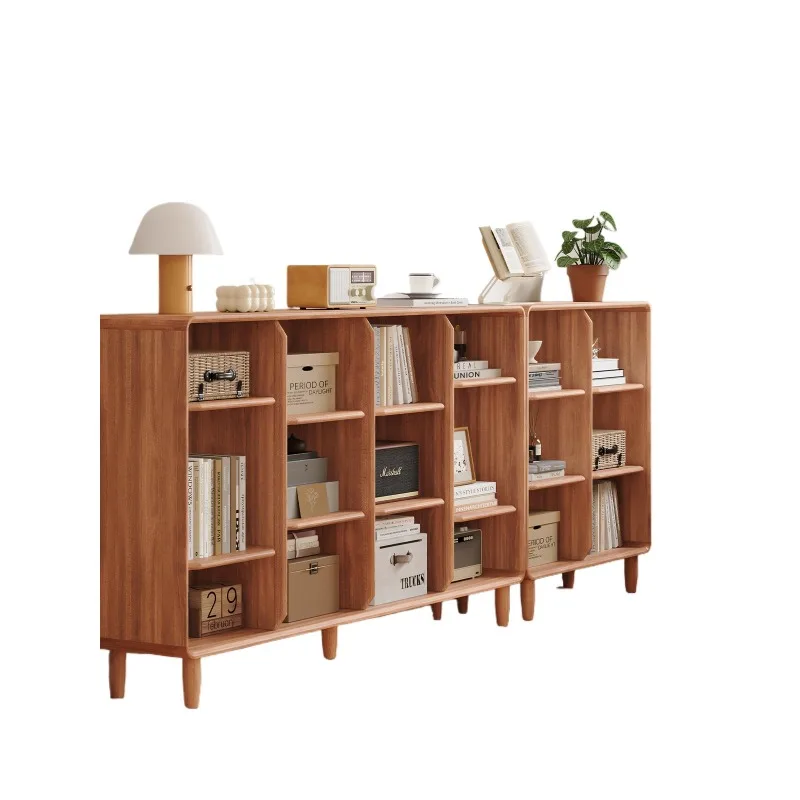 All solid wood low bookcase, floor-to-ceiling living room lattice bookshelf storage, adjustable floor height integrated against