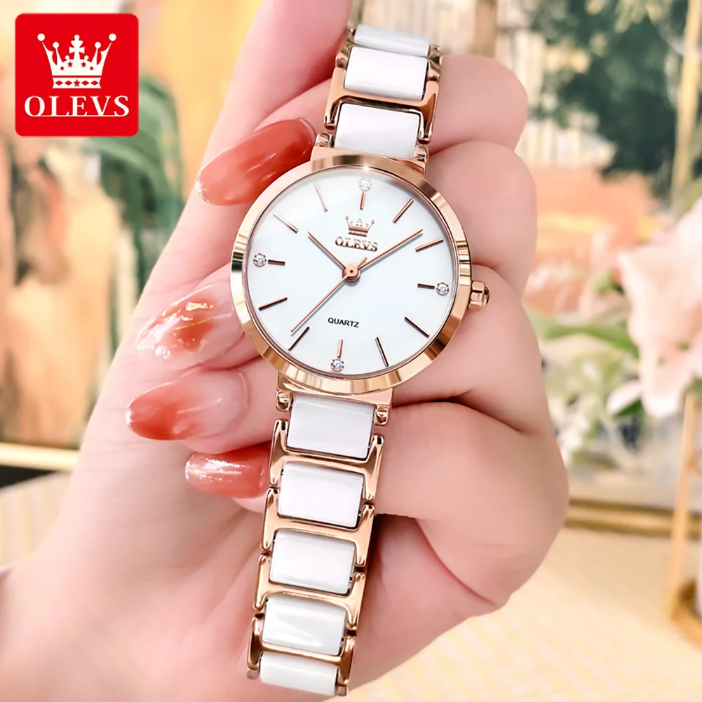 Olevs Luxe Merk Vrouwen Horloges Keramische Tape Japans Beweging Quartz Horloge Voor Dame Cadeau Armband Mode Veelzijdig Voortreffelijk