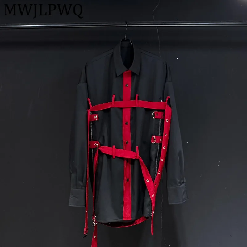 

MWJLPWQ Male Tide Lace Up Design Dark Long Sleeve Shirt Unisex Long Sleeve Lapel Single Breasted Loose Couple Casual Tops 13385