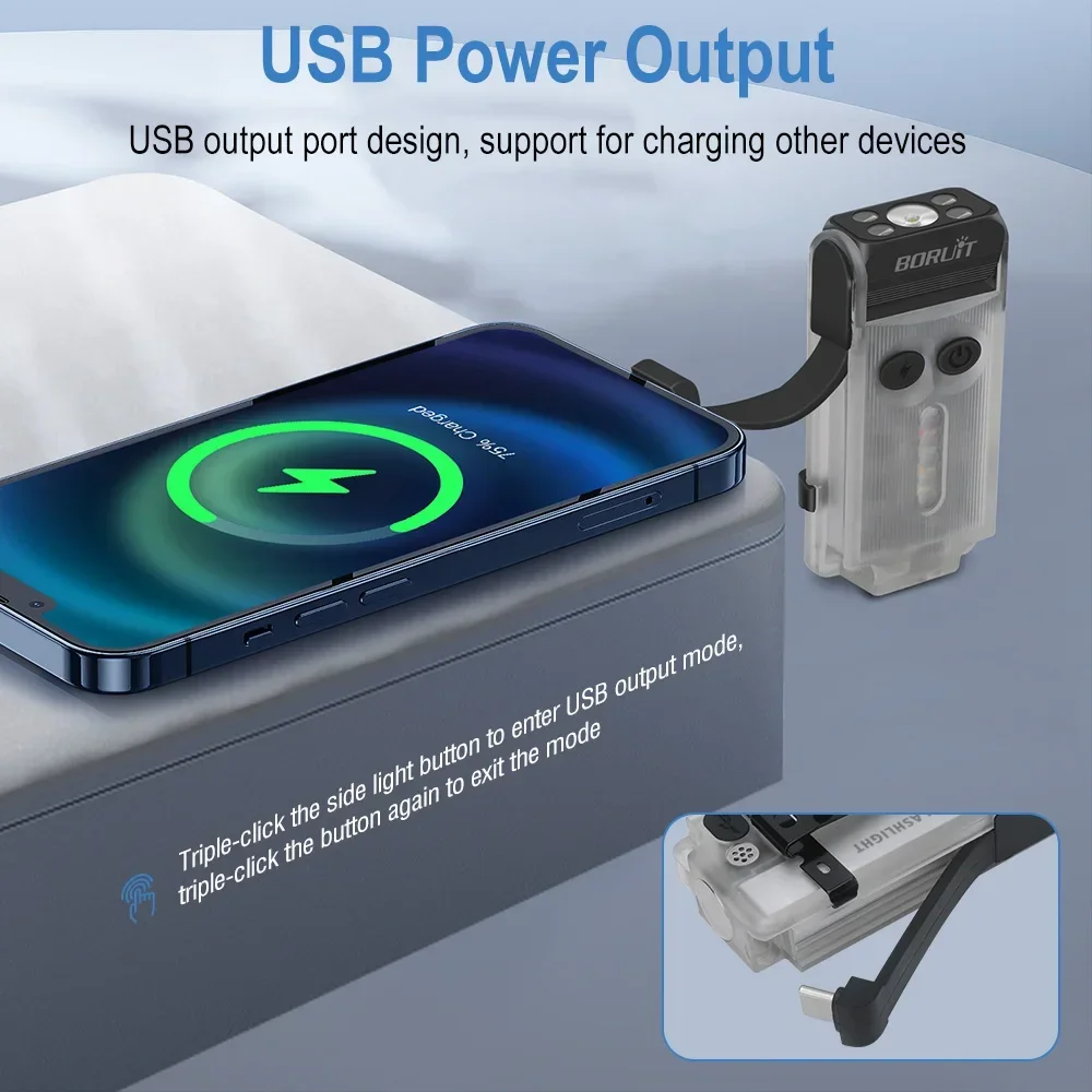 BORUiT V30 EDC LED Flashlight Keychain USB-C Rechargeable Power Bank with UV Light Magnetic Clip Alarm for Camping Fishing