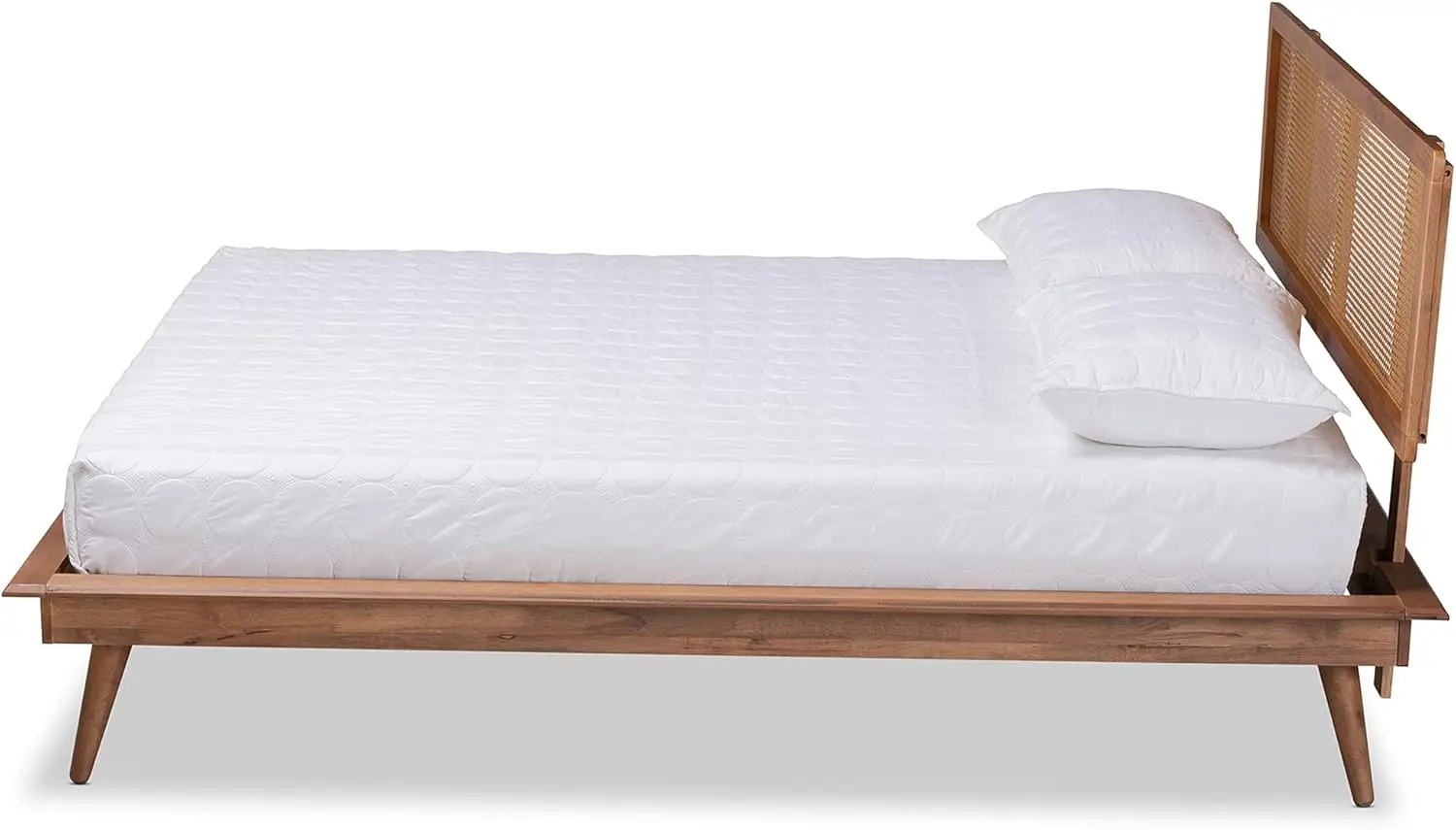 Nura Mid- Modern Walnut Brown Finished Wood And Synthetic Rattan Full Size Platform Bed