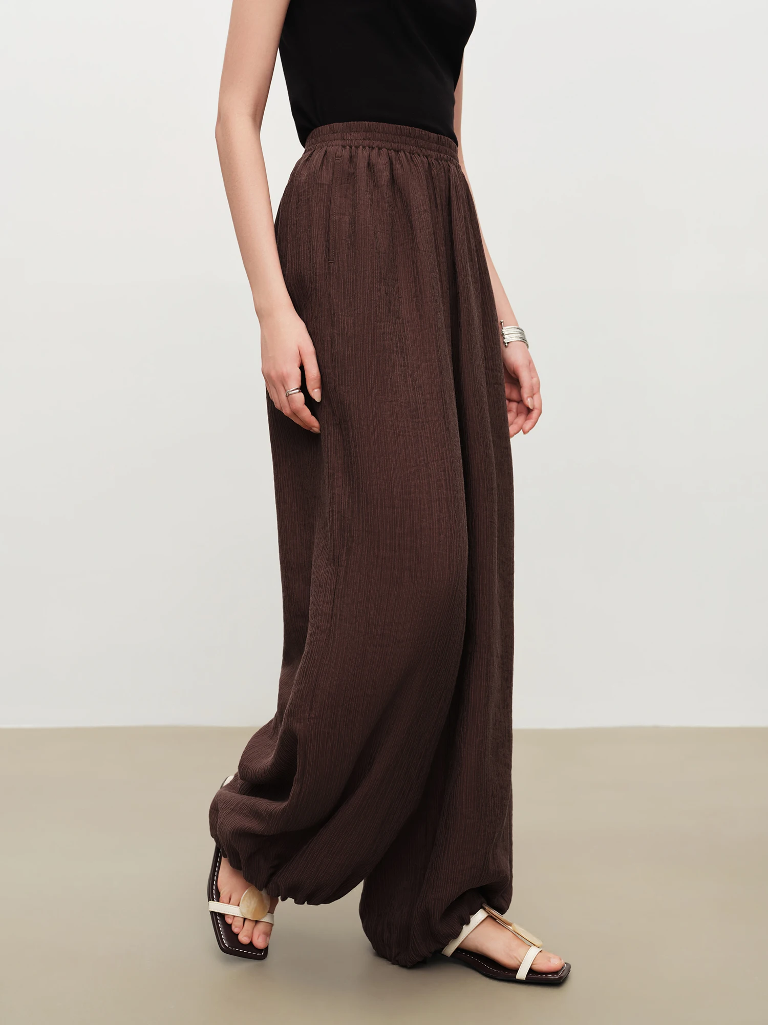 ZIQIAO 2026 Summer Women's Textured Wool Blend Balloon Pants - Elastic Waist Wide Leg Trousers for Casual Daily and Summer Wear