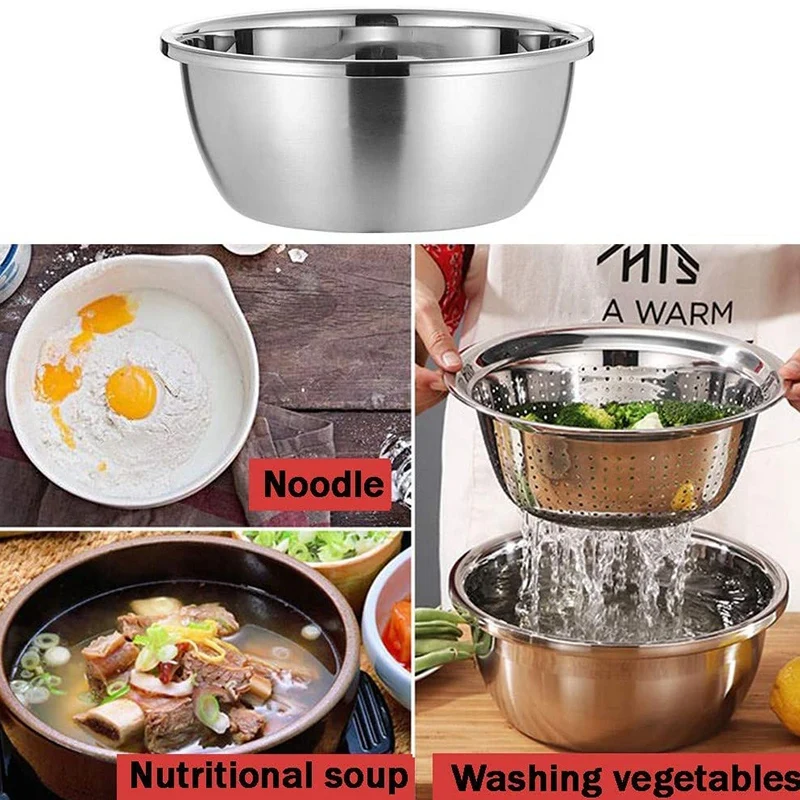 A33R-Mixing Bowl Set And Colander Salad Bowl Stainless Steel Anti-Kitchen Stacking Bowl Set Non-Stick Food Preparation Bowl