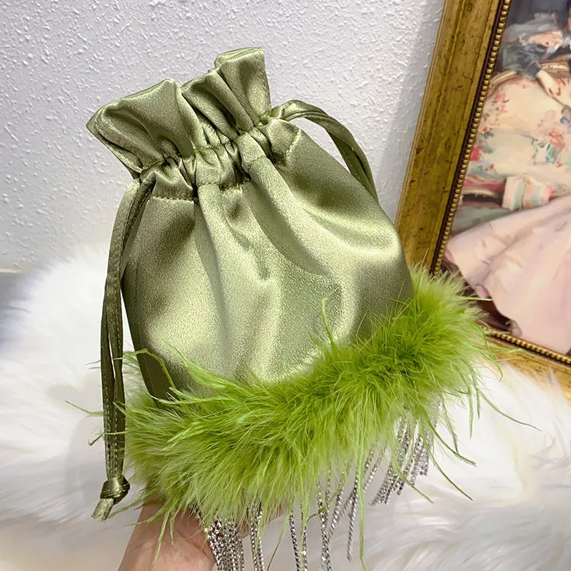 Candy Color Feather Drawstring Bags for Women Rhinestone Tassel Crossbody Bag Satin Fur Shoulder Bag Silk Evening Bags Handbags