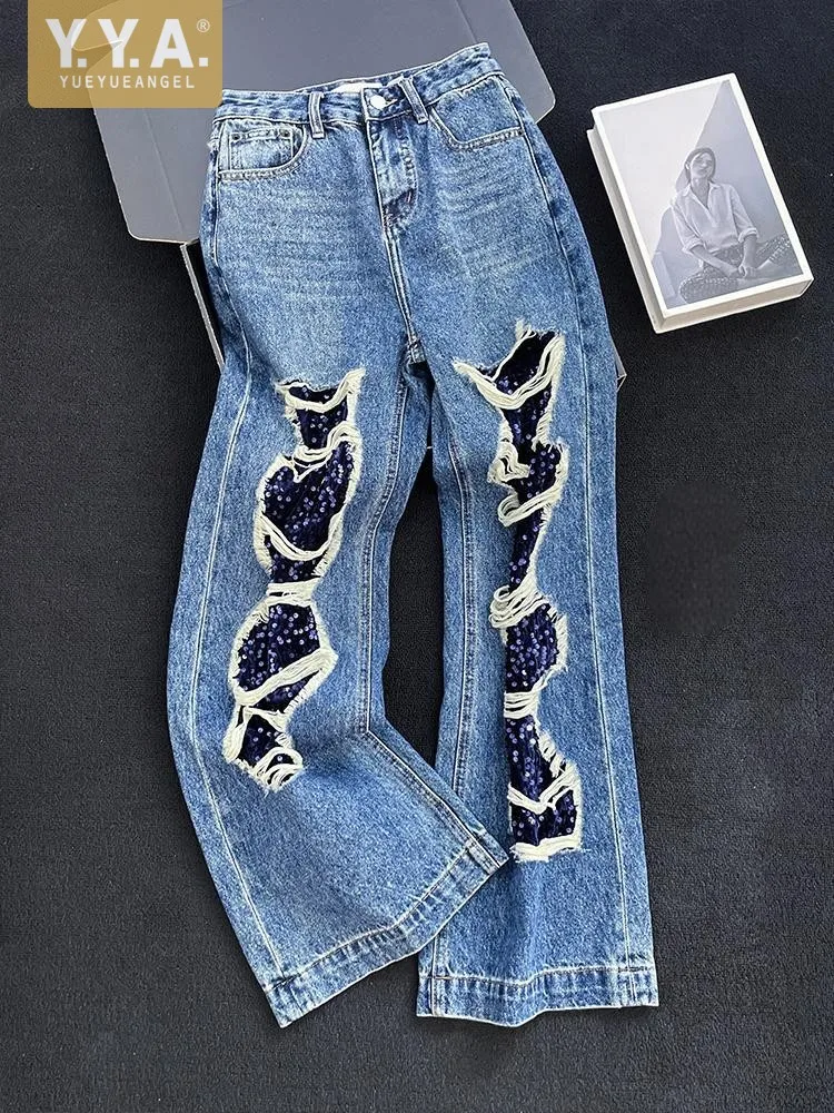 

Casual Lady Fashion Streetwear High Waist Loose Embroidery Patchwork Jeans Fleece Lining Warm Wide Leg Pants Long Trousers Denim