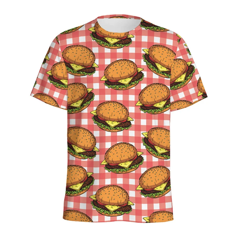 French Fries Hot Dog Pattern T-shirt Men Cartoon 3D Printed Cola Hamburger Tee Shirt Round Neck Short Sleeves Loose T Shirts