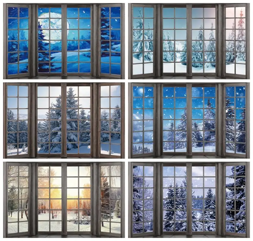 

Laeacco Winter Wonderland Windows Scene Backdrop Forest Snow Mountain Christmas Family Party Portrait Photography Backgrounds