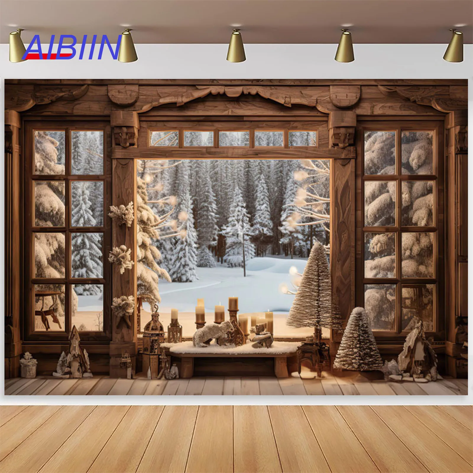 

Christmas Window Photography Backdrop Snow Forest Xmas Tree Festival Party Decoration Background Kids Portrait Photozone