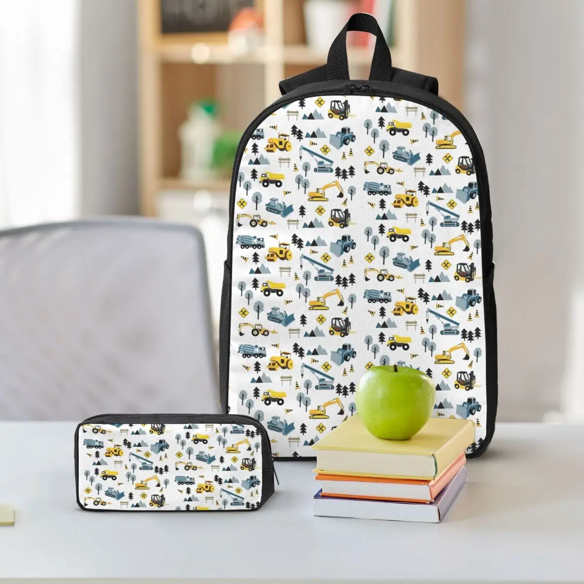 Blue Construction Trucks And Site Theme Pattern Backpack BookBag School Bag Shoulder Bags 3ps Insulated Lunch Bag Pencil Case