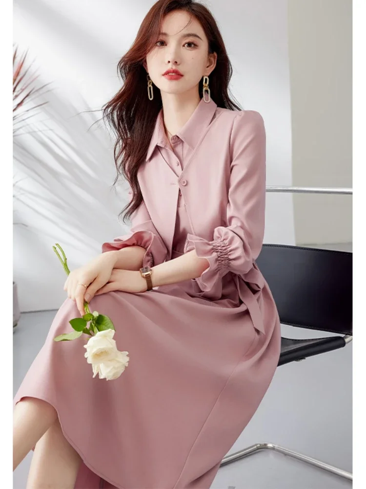 Vimly 2023 Early Autumn Elegant Shirt Dress for Women 2023 Fashion Collared Belted A-line Long Puff Sleeve Ladies Dresses M2592