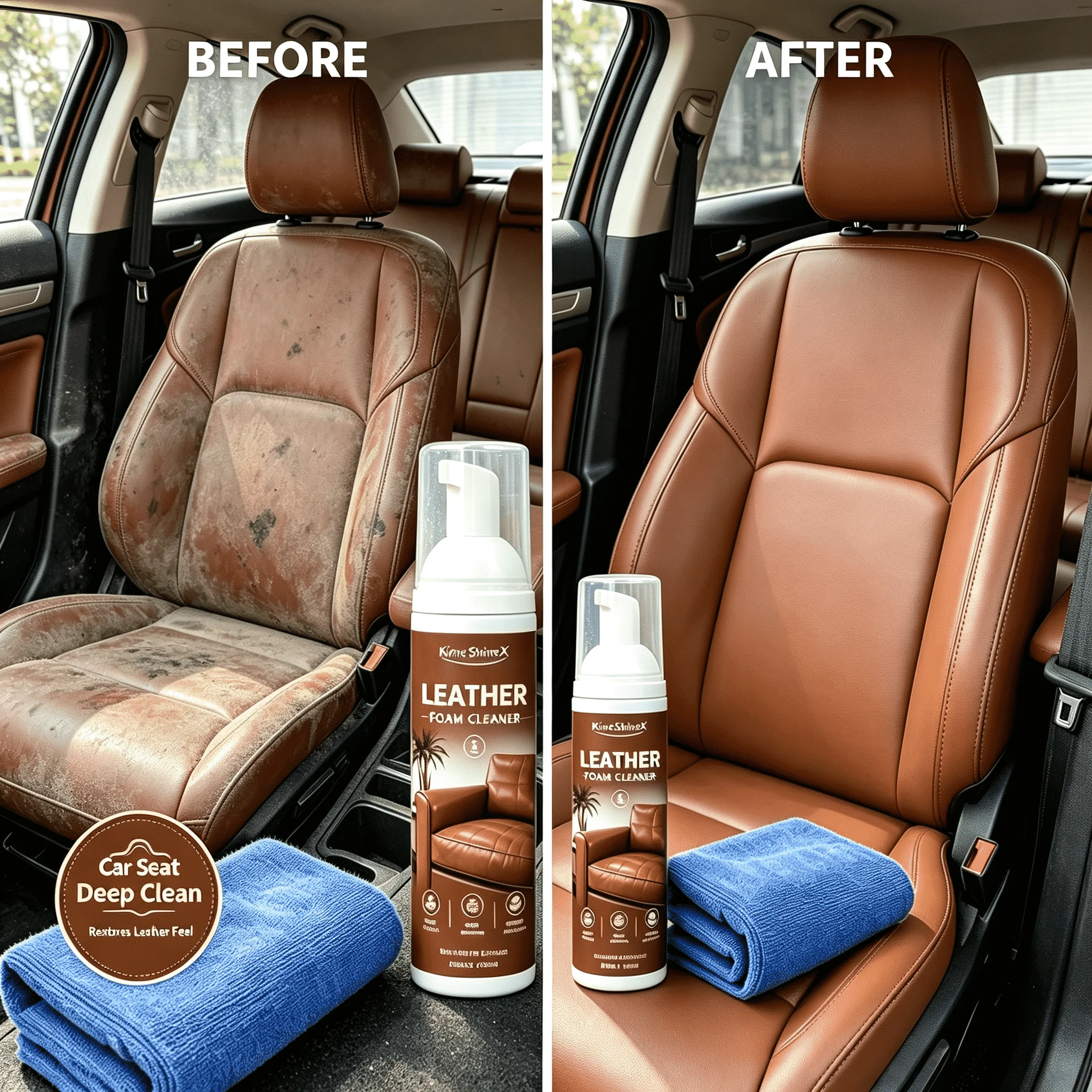 KineShineX Leather Foam Cleaner Kit with Microfiber Towel, No Rinse Leather Care Spray for Car Seat Steering Wheel Sofa Handbag Shoes, Deep Stain Dirt Remover Leather Restoration