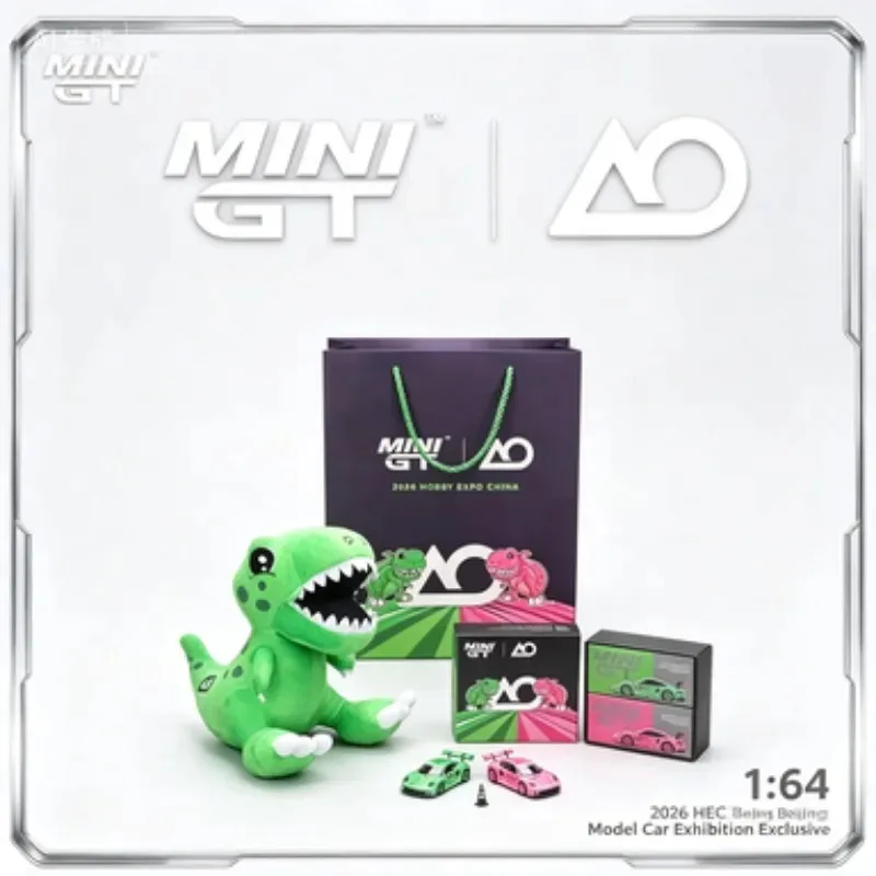 Exclusivo de la Exposición de Modelos de Autos HEC Beijing 2026, Set de Dos Autos MINIGT 1:64, Dinosaurio Rosa y Dinosaurio Verde, con Muñeco