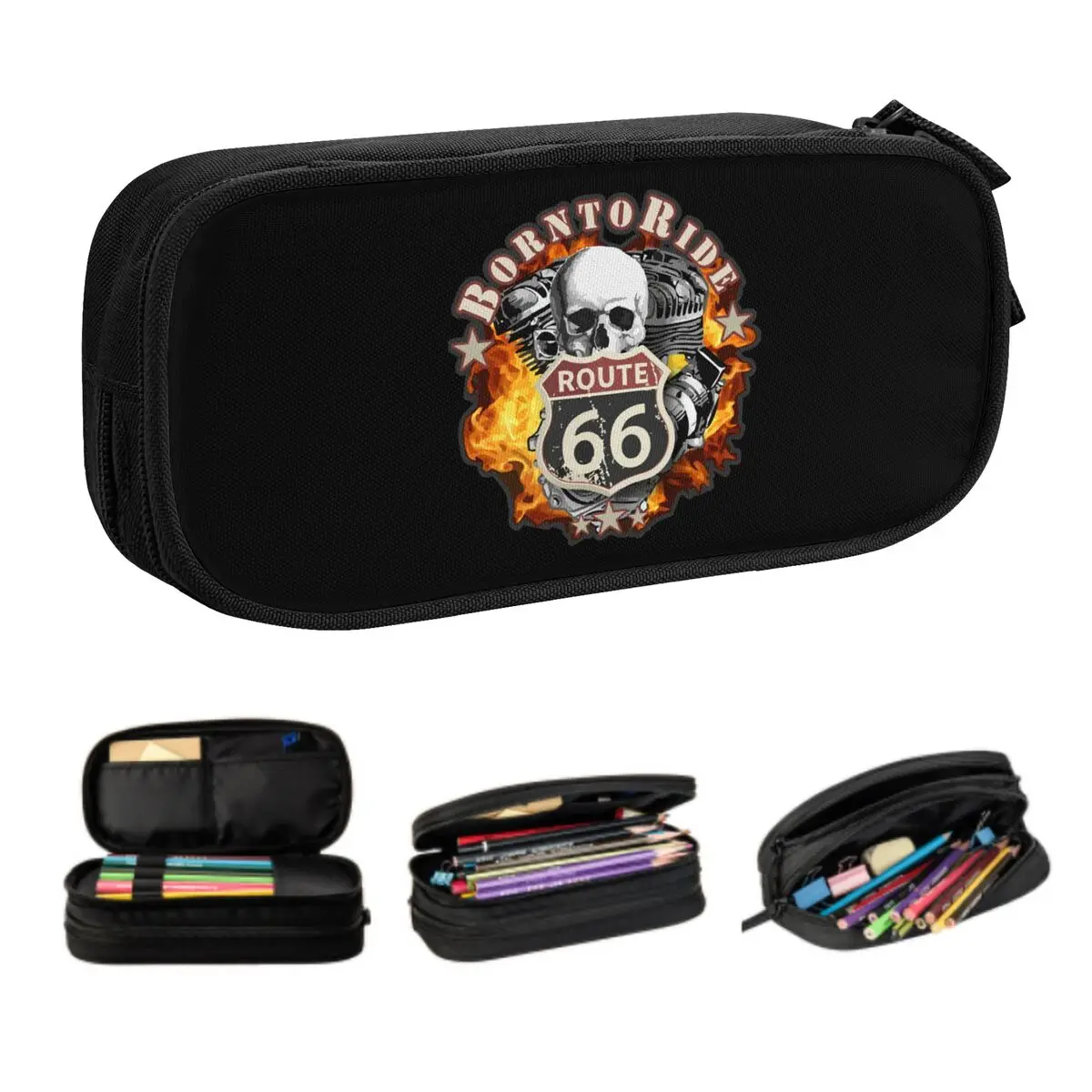 Customized Born To Ride Skull Cute Pencil Cases Girl Boy Large Capacity Route 66 Pencil Box Students Stationery