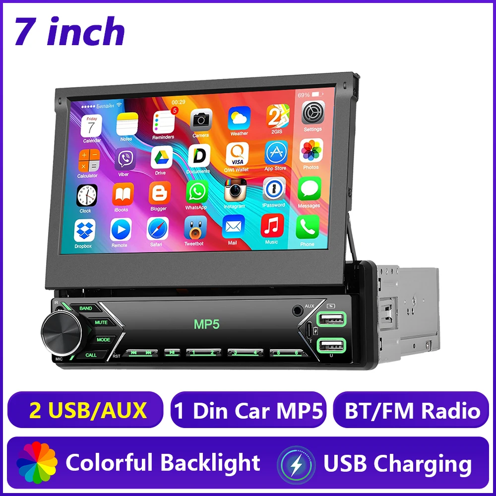 Hikity 7 inch 1Din intrekbare MP5-speler touchscreen spiegelverbinding autoradio BT USB FM-radio universele auto smart multimedia