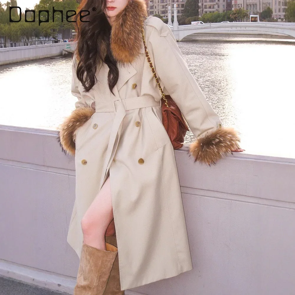 

French Style Fur Collar Trench Coat Temperament Double Breasted with Belt Casual Mid Length Windbreaker Versatile Autumn Fashion