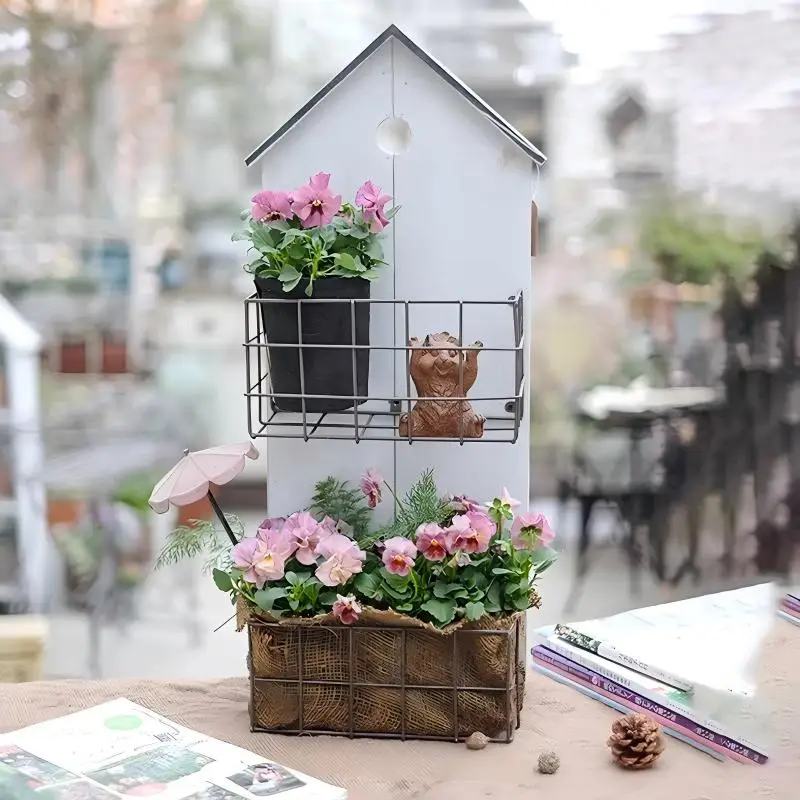 Birdhouse Wall Planter, White Wood Hanging Flower Basket, Rustic Garden Metal Mesh Pot Holder, Balcony Home Decor