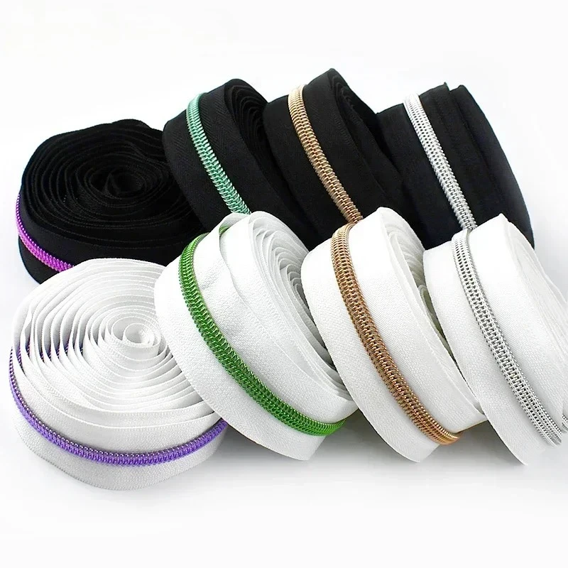 5/10/20Meters Black/White Zipper Tape 5# Nylon Zippers By The Meter Bag Sewing Zip Repair Kit Continuous Roll Coil Zips Supplies