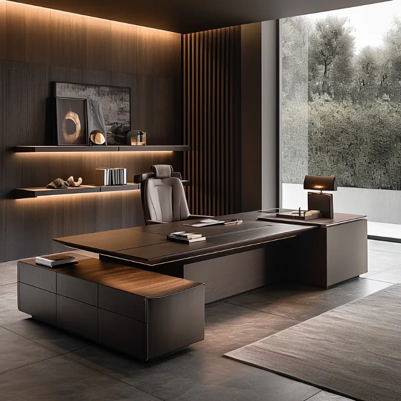 Modern Executive Office Desk with Side Cabinet Large Manager Desk Contemporary Wooden Workstation for Office