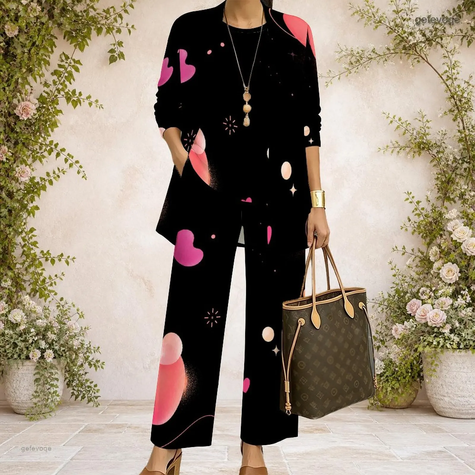 Women 3 Piece Outfit Mid Sleeve Open Cardigan With Tank Top And Wide Leg Pants Set Custom Print Ladies Casual Loungewear