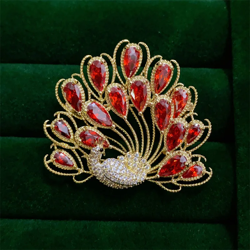 

Peacock Brooches For Women Pin Gold Color Red Zirconia Fashion Accessories Animal Design Trendy Jewelry Party Gift Brooch