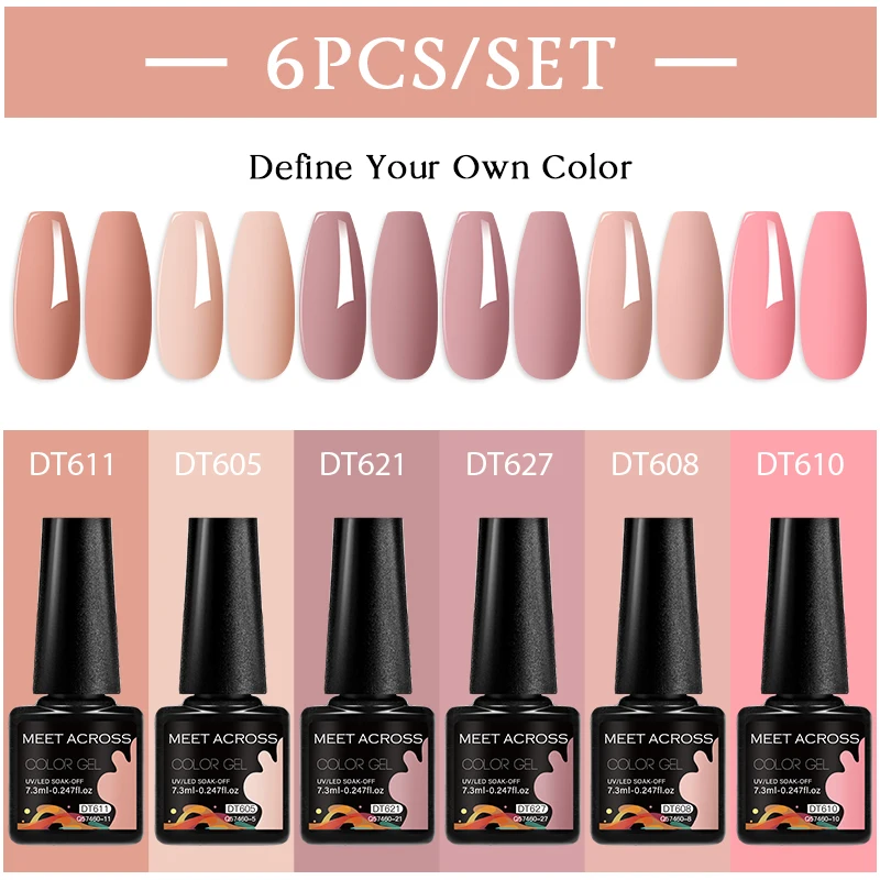 MEET ACROSS 6 stks/set 7.3 ml Gel Nagellak Voor Nagels Naakt Bruin Semi Permanente Nail Art LED UV Gel vernis Nagelbenodigdheden