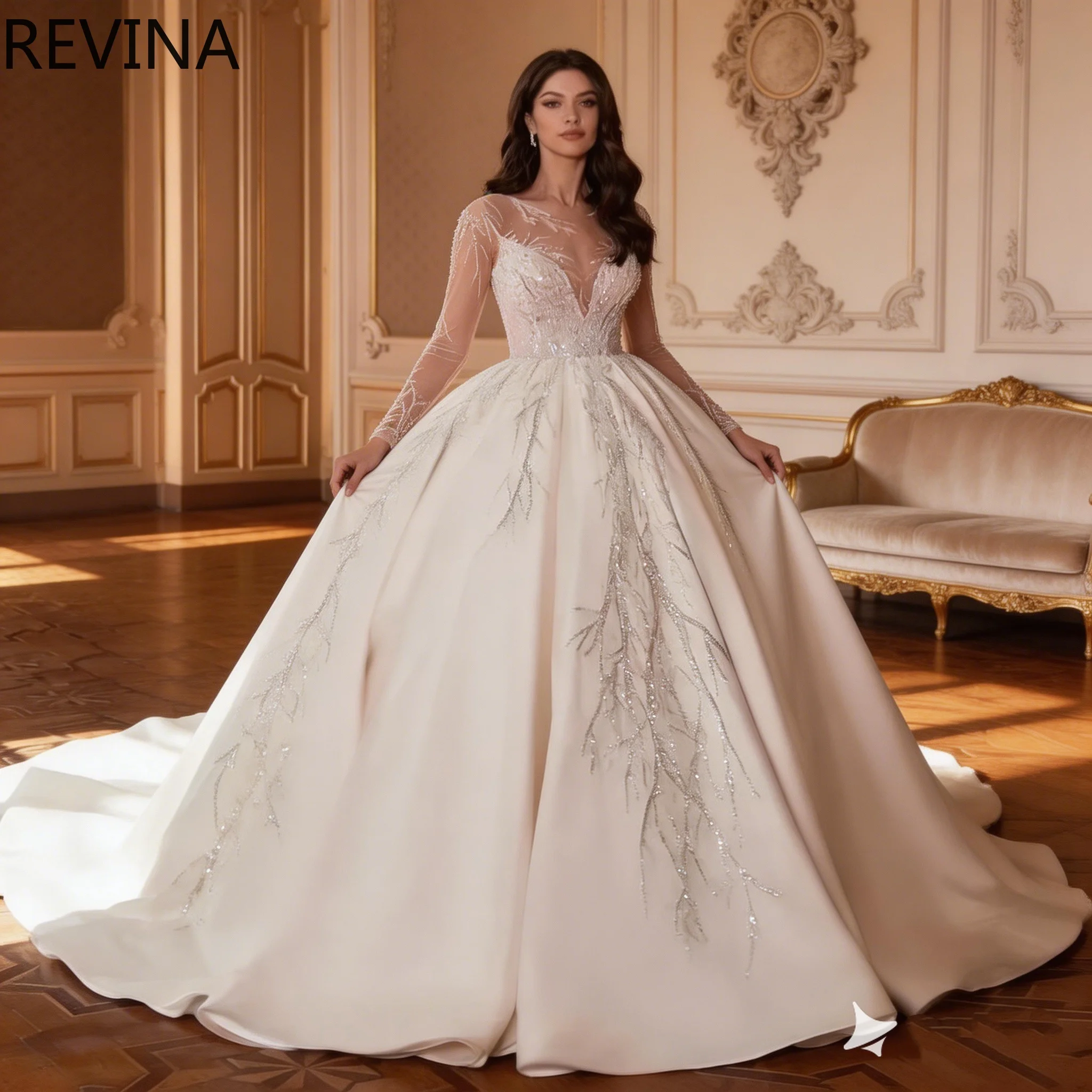 

Роскошное бальное свадебное платье с блестящим кружевом, длинными рукавами, аппликациями и прозрачным вырезом, свадебное платье Vestidos De Novia, на заказ