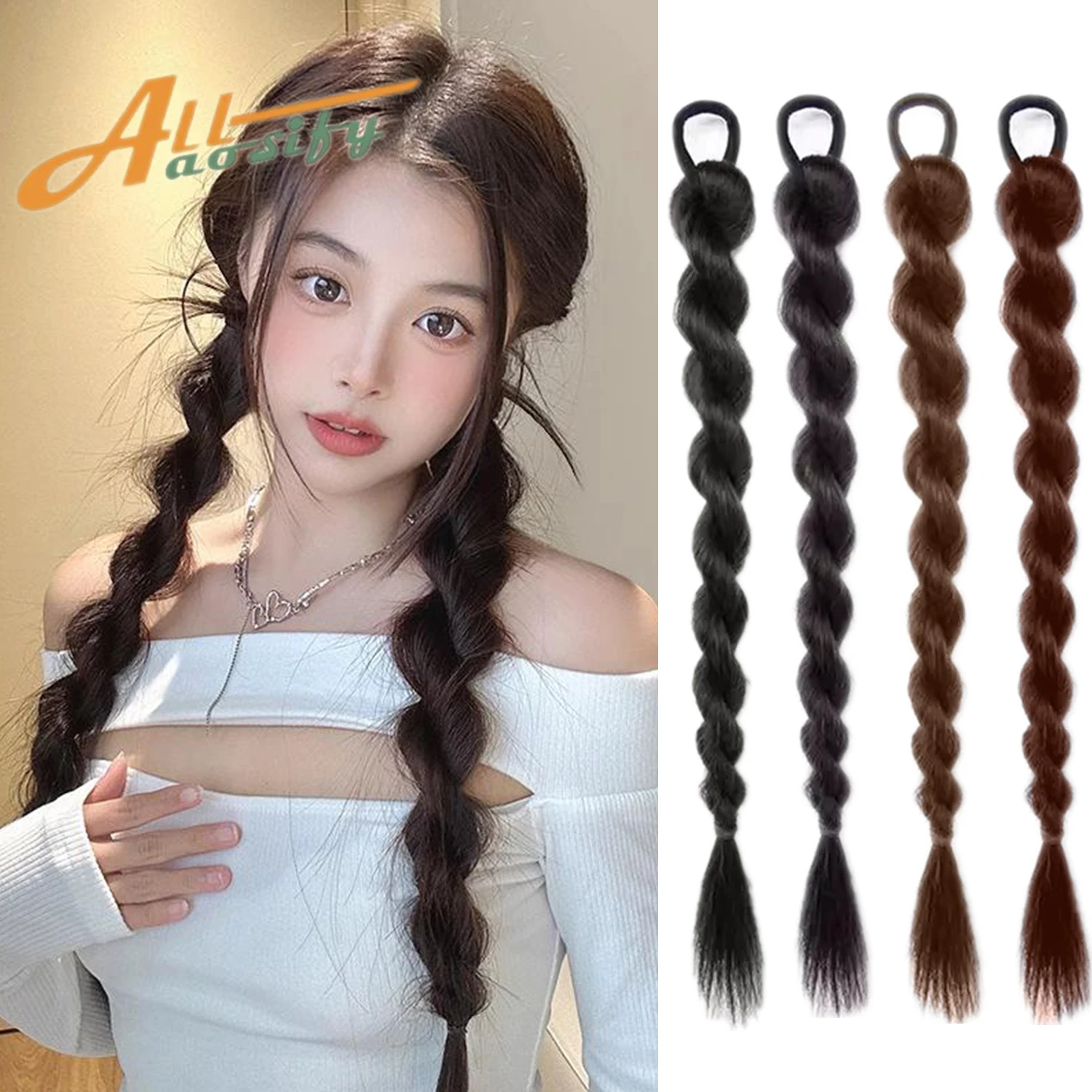 

Synthetic Braided Twist Braids ponytail Hair Extension Black Natural Wig Long Ponytail Hair Band Rubber Band Women's Wig