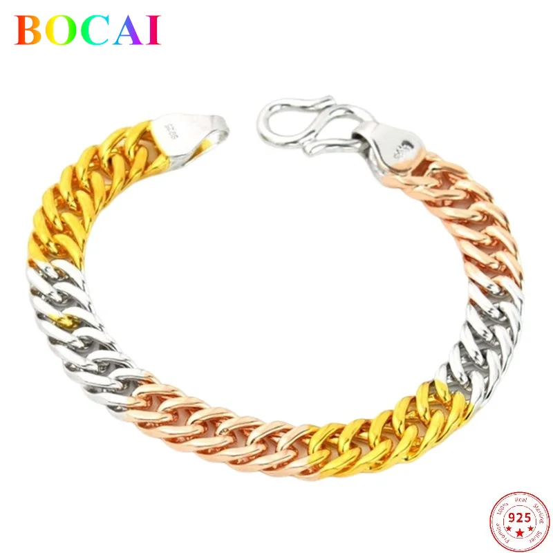 

BOCAI Solide S925 Sterling Silver Bracelet Female Horsewhip Chain Simple Colorful Gold Plating Hand String Jewelry for Women