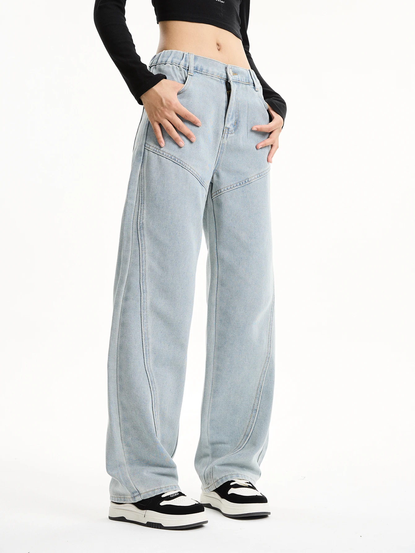 

Голубые повседневные утягивающие джинсовые брюки для девочек — стильные студенческие шикарные универсальные лоскутные прямые брюки