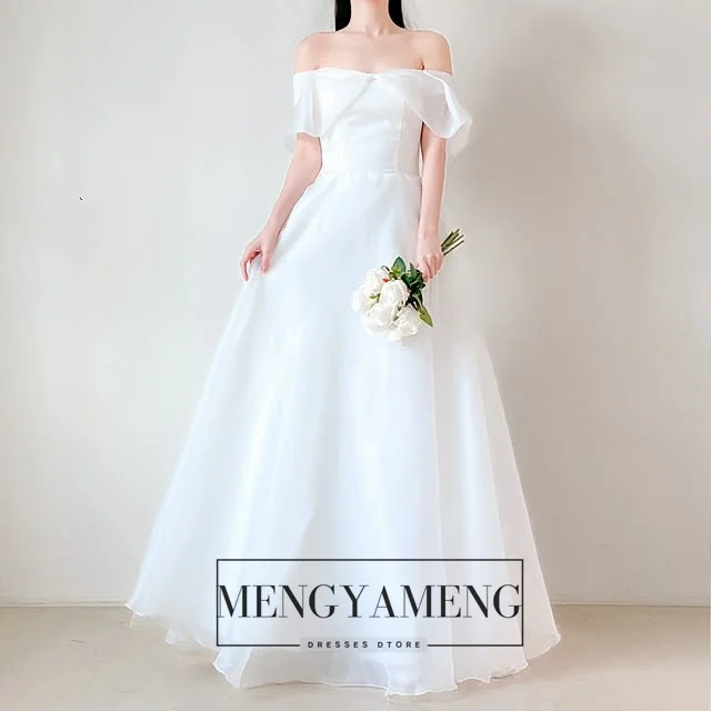 ZHUISHU カスタムメイド ボートネック シルクオーガンザ 韓国風ウェディングドレス フェアリーAライン ブライダルウェディングフォトシュートガウン セルフウェディングドレス