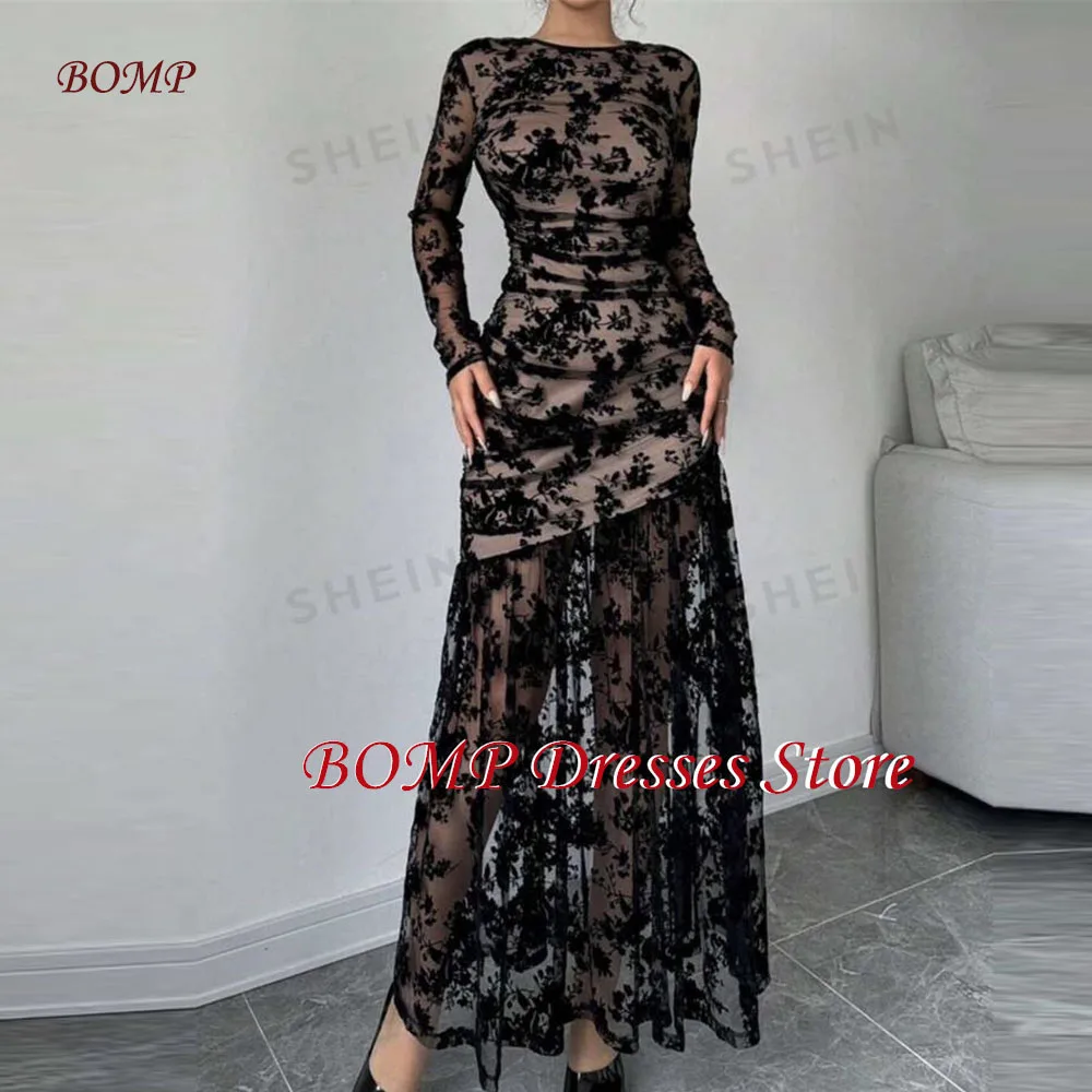 

BOMP Black Evening Dresses US Women Lace O-Neck Long Sleeves Formal Party Dress Elegant Prom Gowns Ankle Length Customized